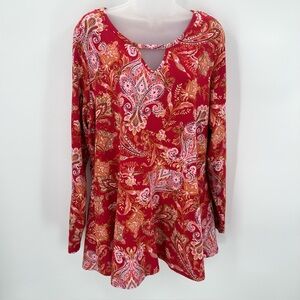 Isaac Mizrahi Live Top Womens 1X Red Paisley Peplum Long Sleeve Keyhole Neck